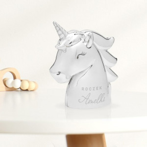 Skarbonka z grawerem jednorożec srebrny na roczek dla dziewczynki - Grzywa