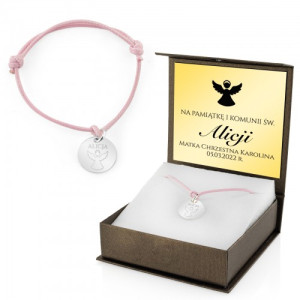 Bransoletka na sznurku srebrna (pr. 925) z grawerem na komunię - Anioł