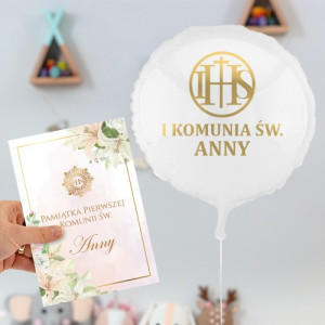 Balon z helem i kartka na komunię dla dziewczynki - Modlitwa do nieba