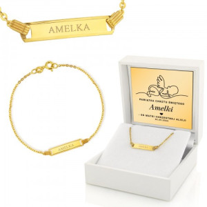 Złota bransoletka pr. 585 z grawerem na chrzest dla dziewczynki - Anioł