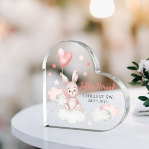 Szklane serce z nadrukiem na chrzest dla dziewczynki - W obłokach