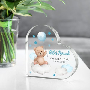 Szklane serce z nadrukiem na chrzest dla chłopca - Niebieski balonik