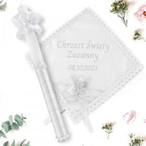 Komplet do chrztu: świeca + szatka z haftem - Białe róże