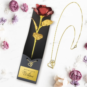 Wieczna róża w pudełku i pozłacany naszyjnik z różą - Ukochana