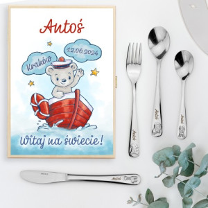 Sztućce dla dzieci z grawerem w drewnianym pudełku - Kapitan