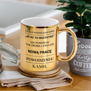 Kubek z nadrukiem złoty dla kolegi na odejście z pracy - Nowa praca