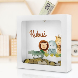Skarbonka drewniana z szybką i nadrukiem dla chłopca - Wesołe zwierzątka
