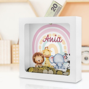 Skarbonka drewniana z szybką i nadrukiem dla dziewczynki - Safari