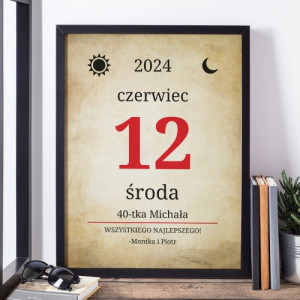 Kartka z kalendarza w ramce (30x40 cm) na 40 urodziny - W dniu urodzin