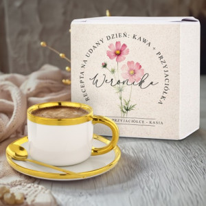 Filiżanka do kawy ze spodkiem i złotą łyżeczką dla niej - Golden time