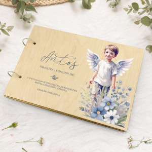 Album na zdjęcia drewniany z nadrukiem na komunię dla chłopca - Pobożność