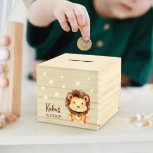 Skarbonka drewniana z nadrukiem dla dziecka - Lew