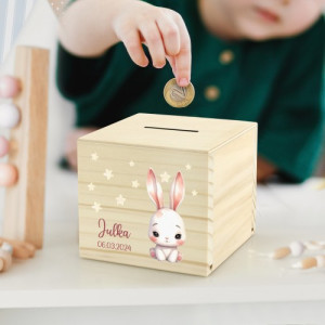 Skarbonka drewniana z nadrukiem dla dziecka - Króliczek