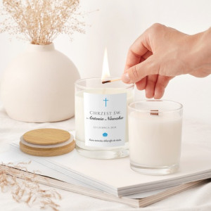 Świeca sojowa zapachowa z nadrukiem na chrzest - Nowa owieczka