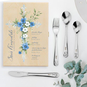 Sztućce dla dzieci z grawerem w drewnianym pudełku na chrzest - Błękit