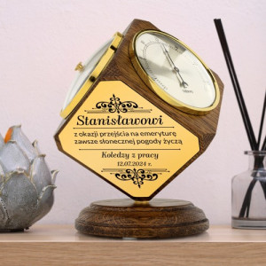 Stacja pogodowa dębowa: termometr, barometr i higrometr z grawerem - Emerytura