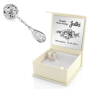 Srebrna grzechotka na chrzest z grawerem dla dziewczynki - Migotka