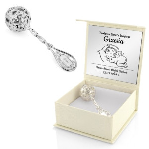 Srebrna grzechotka na chrzest z grawerem dla chłopca - Pokój serca