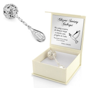 Srebrna grzechotka na chrzest z grawerem dla dziewczynki - Miłosierdzie