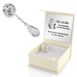 Srebrna grzechotka na chrzest z grawerem dla chłopca - Światło nadziei