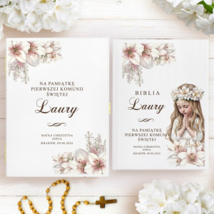 Biblia dla dzieci w drewnianym etui na komunię dziewczynki - Białe Lilie