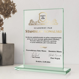 Statuetka szklana z nadrukiem dla urzędnika - Dobry samorządowiec