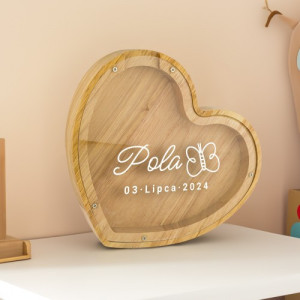 Skarbonka drewniana serce z nadrukiem dla dziewczynki - Ulotne chwile