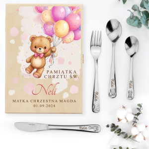 Sztućce dla dzieci z grawerem w pudełku na chrzest - Rozmarzony miś
