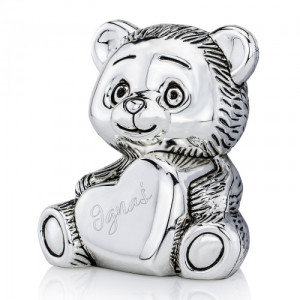 Skarbonka z grawerem srebrna miś dla chłopca - Miś pieniążek