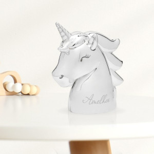 Skarbonka z grawerem srebrna jednorożec dla dziewczynki - Unicorn