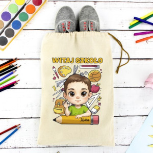 Worek na buty dla chłopca z nadrukiem - Witaj szkoło