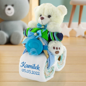 Motorek z pampersów 4 biały z haftem - Jednoślad