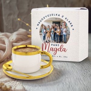 Filiżanka do kawy ze spodkiem i złotą łyżeczką dla nauczycielki - Mądrość