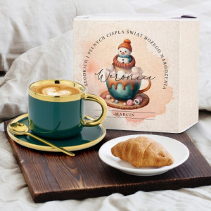 Filiżanka do kawy ze spodkiem i łyżeczką na święta - Zimowy poranek