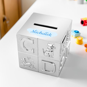 Skarbonka srebrna kostka z nadrukiem dla chłopca - Samouk