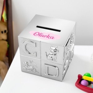 Skarbonka srebrna kostka z nadrukiem dla dziewczynki - Czarodziejka