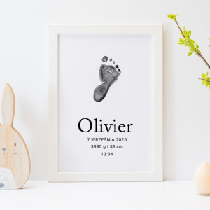 Plakat odcisk stópki dziecka w ramce (20x30cm) dla chłopca - Pierwsze kroki