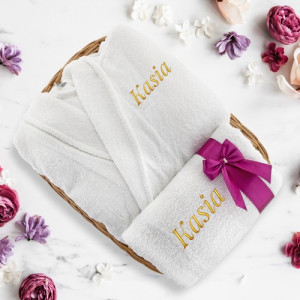 Szlafrok damski M i ręcznik kąpielowy z haftem dla niej - Odpoczynek