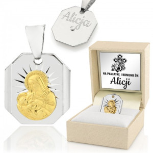 Medalik komunijny srebrny 925 z grawerem dla dziewczynki - Otoczona opieką