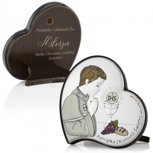 Obrazek komunijny srebrny z grawerem dla chłopca - Serce wiary