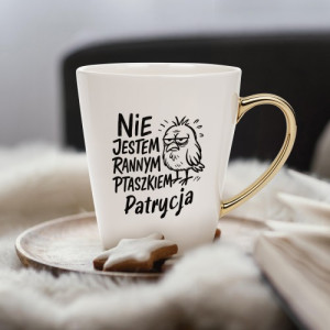 Kubek do kawy ze złotym uchem i nadrukiem dla niej - Ranny ptaszek