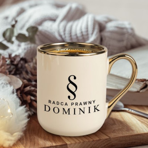 Kubek ze złotym uchem i nadrukiem dla radcy prawnego - Kawowy paragraf