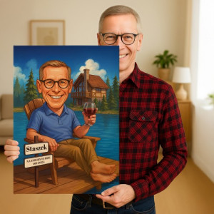 Karykatura ze zdjęcia na emeryturę dla niego (50x70 cm) - Zasłużony uśmiech