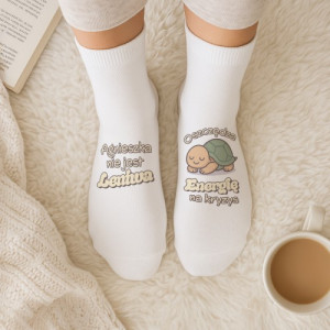 Śmieszne skarpetki damskie białe z nadrukiem - Oszczędzanie energii