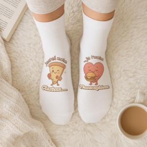 Śmieszne skarpetki damskie białe z nadrukiem - Ciasto i tłuszczyk