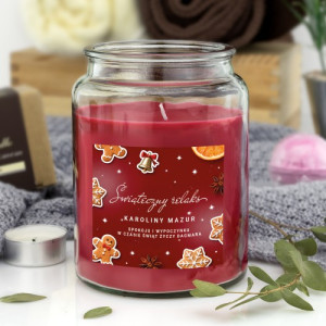 Świeca zapachowa duża z nadrukiem na święta dla kobiety - Świąteczny relaks