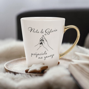 Kubek do kawy ze złotym uchem i nadrukiem dla psiary - Psijaciela na zawsze