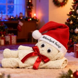 Miś z ręcznika + czapka Mikołaja z nadrukiem - Zimowy elf