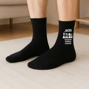 Skarpetki męskie czarne z nadrukiem dla szachisty - Talizman zwycięstwa