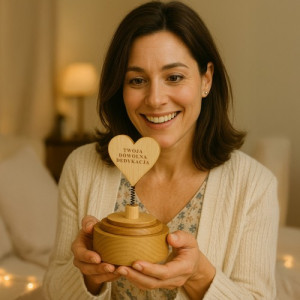 Pozytywka drewniana z grawerem i klipsem na zdjęcie - Czuła melodia